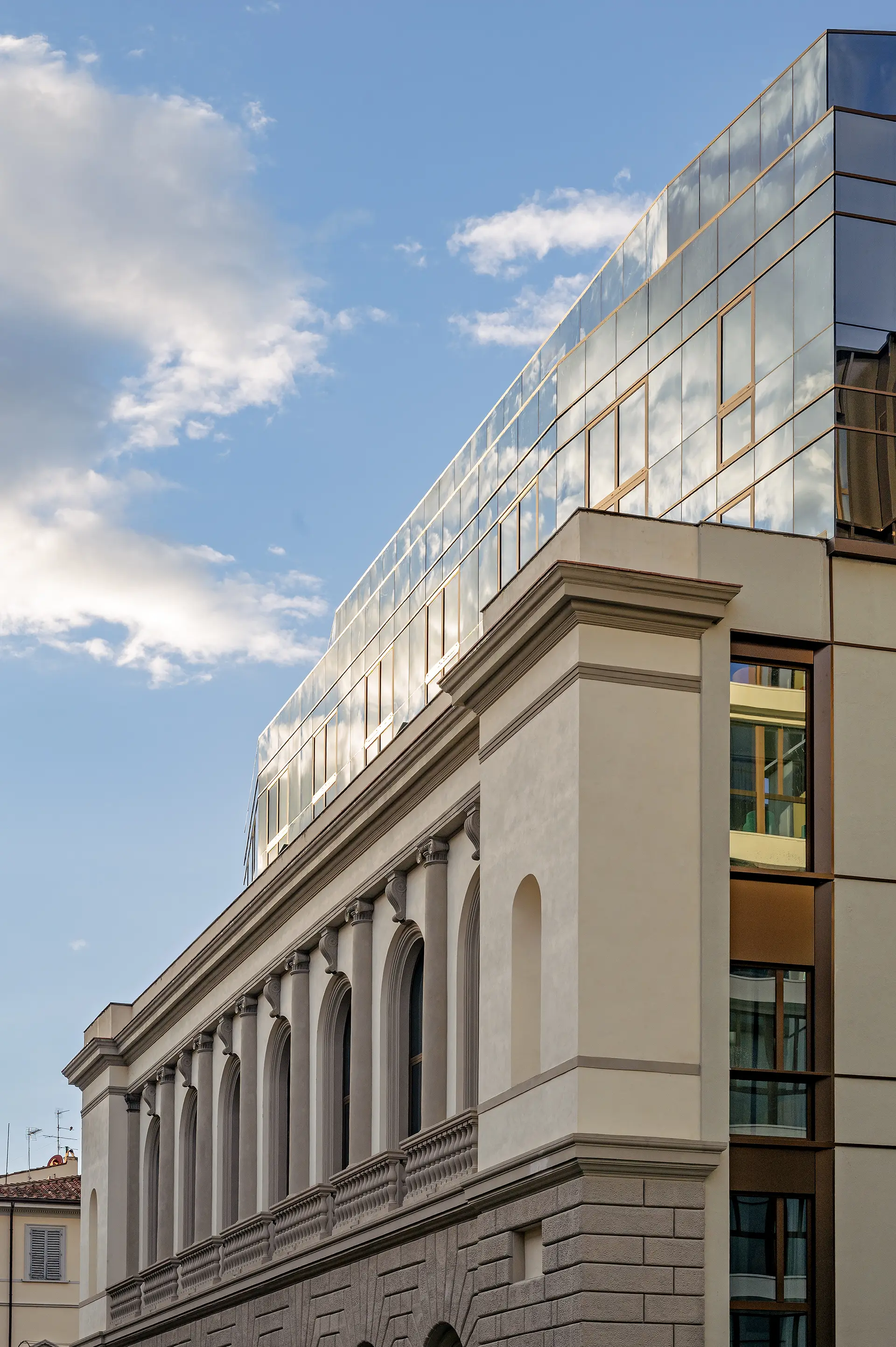 Restored historic façade of Teatro Luxury Apartments in Florence, a luxury rental residence in the city centre.